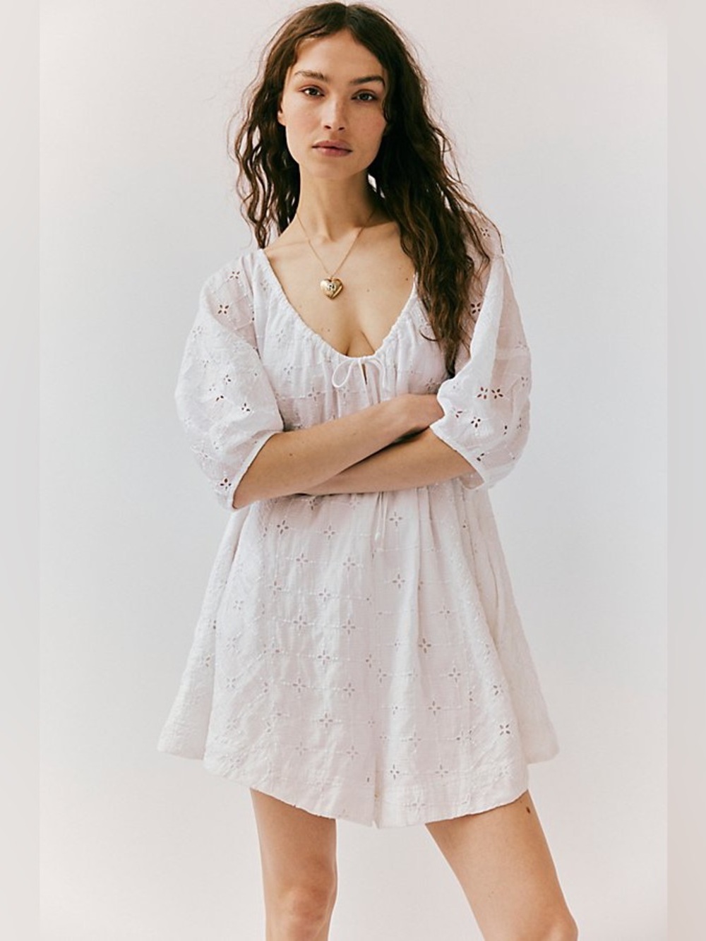 Free People White Eyelet Bop Around Puff Sleeve Boho Romper Sz S